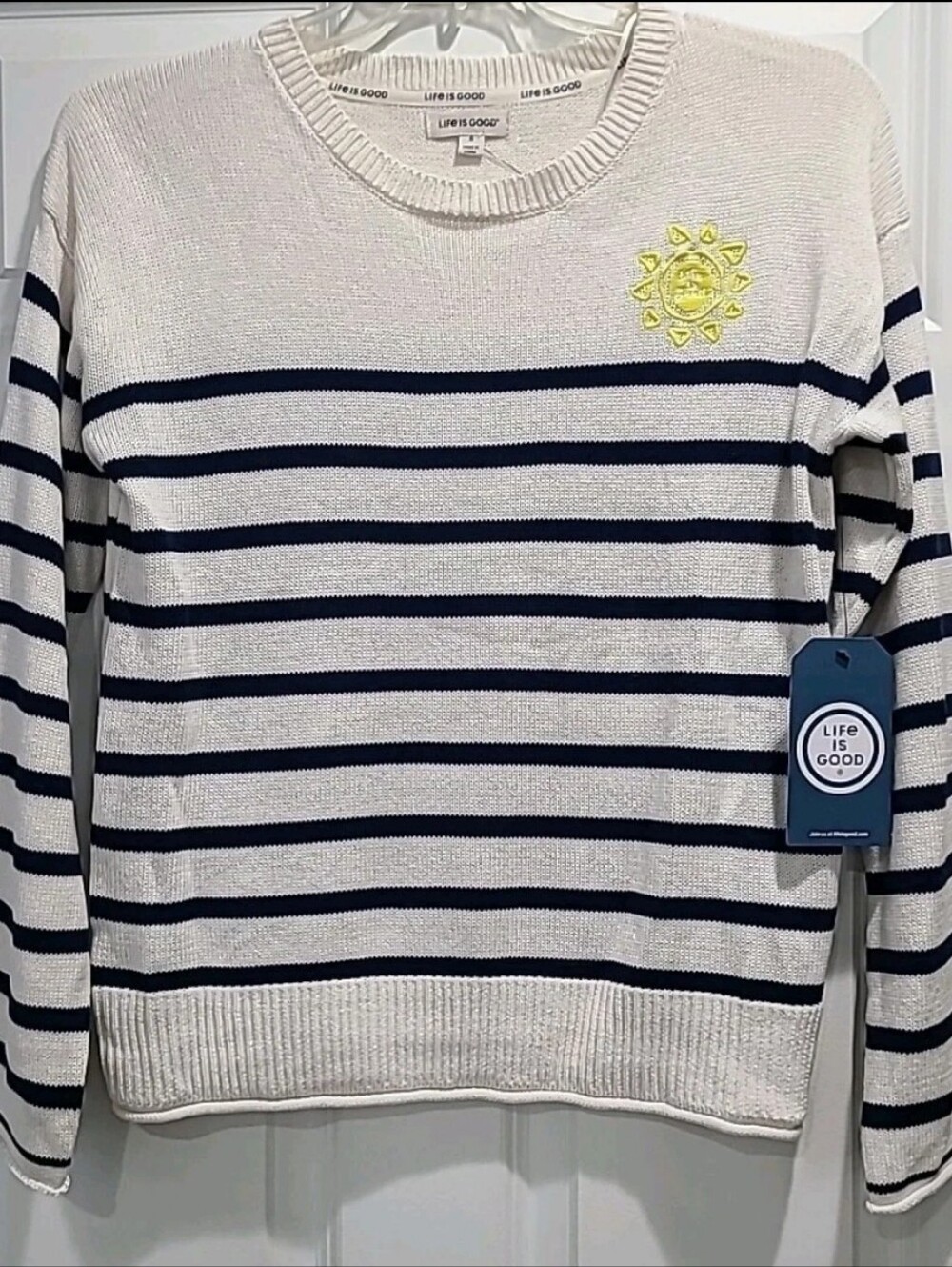 Life Is Good Cream Navy Nautical Striped Crewneck Sweater Yellow Sun Patch Sm